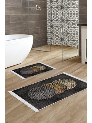 Dekoreko Kaymaz Taban Djt 2'li Banyo Paspas Takımı Yıldız Deri Saçaklı Modern E4052 Bej Krem Mavi