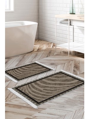 Dekoreko Kaymaz Taban Djt 2'li Banyo Paspas Takımı Yıldız Deri Saçaklı Modern 1912 Kahve