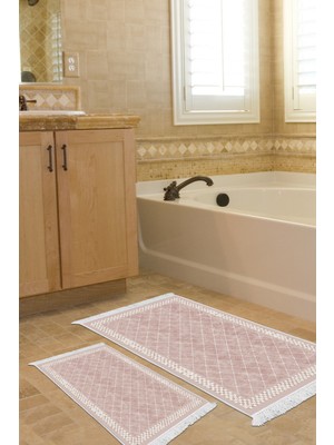 Dekoreko Kaymaz Taban Djt 2'li Banyo Paspas Takımı Yıldız Deri Saçaklı Modern 603M Pudra