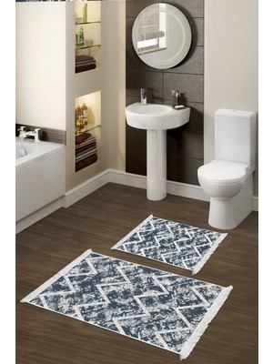 Dekoreko Kaymaz Taban Djt 2'li Banyo Paspas Takımı Star Pamuk Saçaklı Iskandinav F5128 Mavi