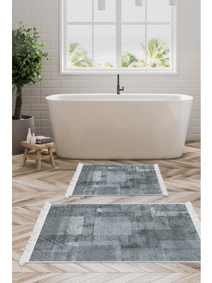 Dekoreko Kaymaz Taban Djt 2'li Banyo Paspas Takımı Star Pamuk Saçaklı Iskandinav F5132 Mavi