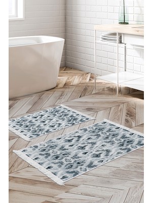 Dekoreko Kaymaz Taban Djt 2'li Banyo Paspas Takımı Star Pamuk Saçaklı Iskandinav F5136 Mavi