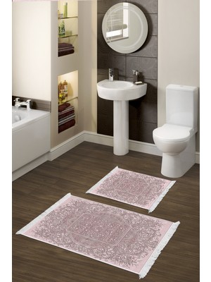 Dekoreko Kaymaz Taban Djt 2'li Banyo Paspas Takımı Star Pamuk Saçaklı Modern 1488 Pudra