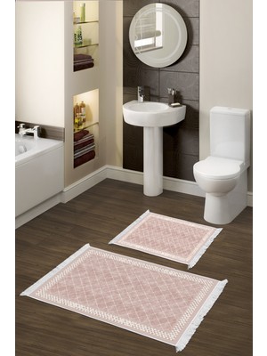 Dekoreko Kaymaz Taban Djt 2'li Banyo Paspas Takımı Trend Saçaklı Modern 603M Pudra