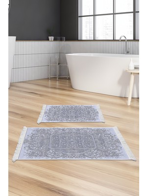 Dekoreko Kaymaz Taban Djt 2'li Banyo Paspas Takımı Yıldız Deri Saçaklı Modern 1488 Mavi