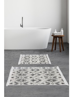 Dekoreko Kaymaz Taban Djt 2'li Banyo Paspas Takımı Yıldız Deri Saçaklı Iskandinav F5136 Gri