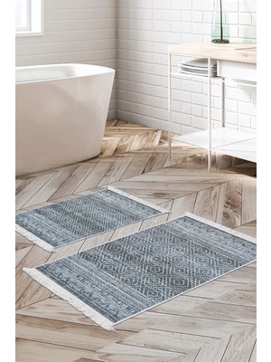 Dekoreko Kaymaz Taban Djt 2'li Banyo Paspas Takımı Star Pamuk Saçaklı Iskandinav F5087 Turkuaz