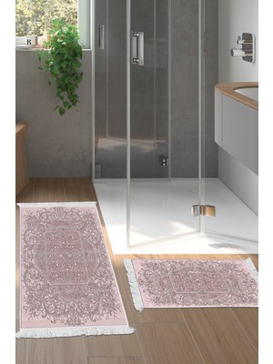 Dekoreko Kaymaz Taban Djt 2'li Banyo Paspas Takımı Yıldız Deri Saçaklı Modern 1488 Pudra