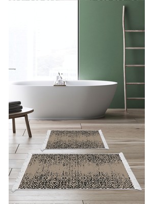 Dekoreko Kaymaz Taban Djt 2'li Banyo Paspas Takımı Star Pamuk Saçaklı Iskandinav MU123 Kahve