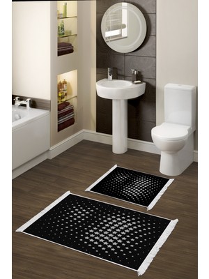 Dekoreko Kaymaz Taban Djt 2'li Banyo Paspas Takımı Yıldız Deri Saçaklı Modern 723 Gri