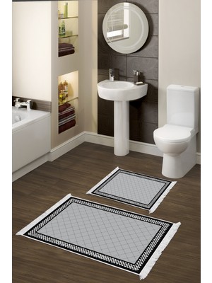 Dekoreko Kaymaz Taban Djt 2'li Banyo Paspas Takımı Star Pamuk Saçaklı Modern 603M Gri