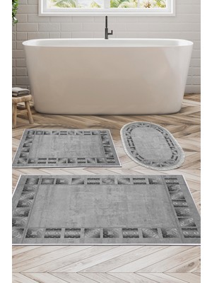 Dekoreko Kaymaz Taban Djt 3'lü Banyo Paspas Takımı Yıldız Deri Karışık Modern 691M Gri
