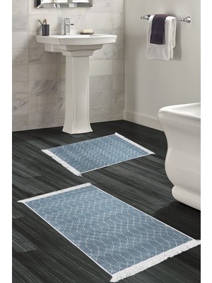 Dekoreko Kaymaz Taban Djt 2'li Banyo Paspas Takımı Trend Saçaklı Iskandinav F5084 Lacivert