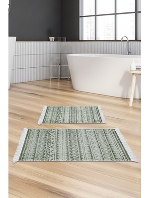 Dekoreko Kaymaz Taban Djt 2'li Banyo Paspas Takımı Trend Saçaklı Iskandinav F5078 Yeşil