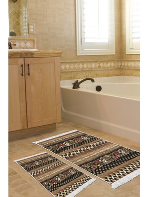 Dekoreko Kaymaz Taban Djt 2'li Banyo Paspas Takımı Trend Saçaklı Modern MU127 Kahve