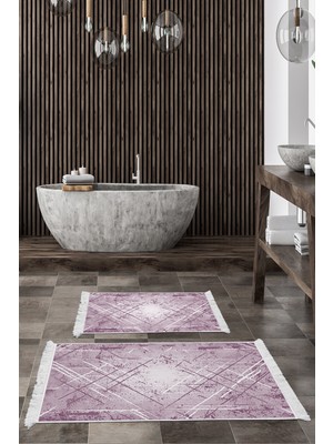 Dekoreko Kaymaz Taban Djt 2'li Banyo Paspas Takımı Trend Saçaklı Modern M5003 Mor