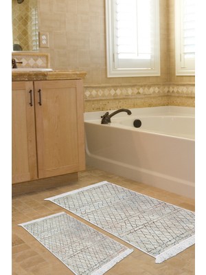 Dekoreko Kaymaz Taban Djt 2'li Banyo Paspas Takımı Yıldız Deri Saçaklı Iskandinav AL1103 Bej