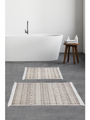 Dekoreko Kaymaz Taban Djt 2'li Banyo Paspas Takımı Yıldız Deri Saçaklı Iskandinav F5078 Açık Kahve