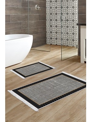 Dekoreko Kaymaz Taban Djt 2'li Banyo Paspas Takımı Yıldız Deri Saçaklı Modern 604M Siyah