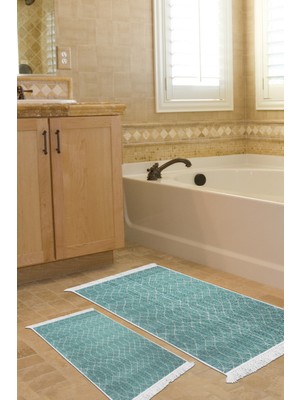 Dekoreko Kaymaz Taban Djt 2'li Banyo Paspas Takımı Trend Saçaklı Iskandinav F5084 Turkuaz