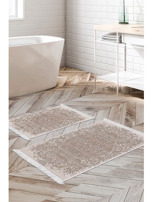 Dekoreko Kaymaz Taban Djt 2'li Banyo Paspas Takımı Star Pamuk Saçaklı Modern 1488 Kahve