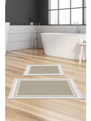 Dekoreko Kaymaz Taban Djt 2'li Banyo Paspas Takımı Yıldız Deri Saçaklı Modern 603M Bej