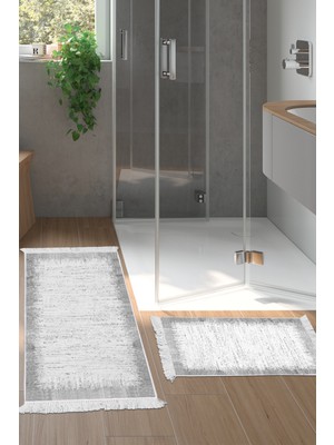 Dekoreko Kaymaz Taban Djt 2'li Banyo Paspas Takımı Star Pamuk Saçaklı Modern 1342 Gri