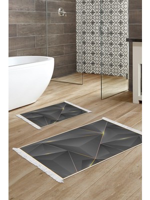 Dekoreko Kaymaz Taban Djt 2'li Banyo Paspas Takımı Yıldız Deri Saçaklı Modern F5005 Gold Siyah