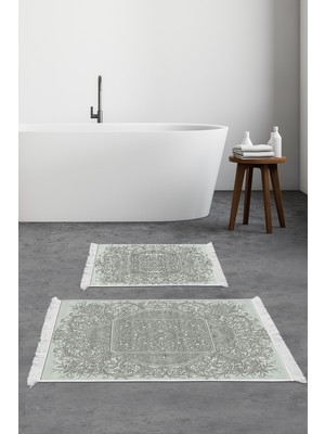 Dekoreko Kaymaz Taban Djt 2'li Banyo Paspas Takımı Star Pamuk Saçaklı Modern 1488 Yeşil