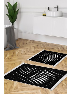 Dekoreko Kaymaz Taban Djt 2'li Banyo Paspas Takımı Yıldız Deri Saçaklı Modern 723 Siyah