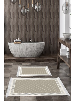 Dekoreko Kaymaz Taban Djt 2'li Banyo Paspas Takımı Star Pamuk Saçaklı Modern 603M Bej