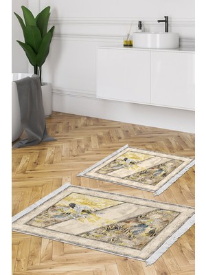 Dekoreko Kaymaz Taban Djt 2'li Banyo Paspas Takımı Star Pamuk Saçaklı Modern 729 Sarı