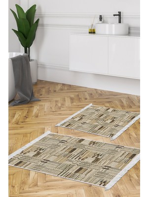 Dekoreko Kaymaz Taban Djt 2'li Banyo Paspas Takımı Star Pamuk Saçaklı Modern 1937 Kahve Bej