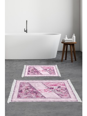 Dekoreko Kaymaz Taban Djt 2'li Banyo Paspas Takımı Star Pamuk Saçaklı Modern 729 Pudra