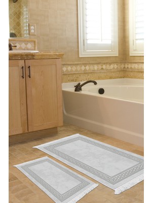 Dekoreko Kaymaz Taban Djt 2'li Banyo Paspas Takımı Star Pamuk Saçaklı Modern 626M Gri