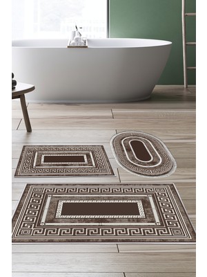 Dekoreko Kaymaz Taban Djt 3'lü Banyo Paspas Takımı Yıldız Deri Karışık Modern 651M Kahve