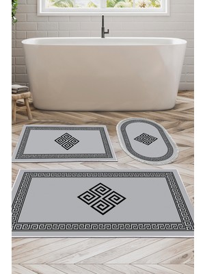 Dekoreko Kaymaz Taban Djt 3'lü Banyo Paspas Takımı Star Pamuk Karışık Modern 656M Gri