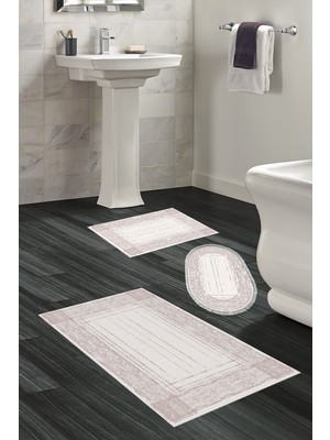 Dekoreko Kaymaz Taban Djt 3'lü Banyo Paspas Takımı Yıldız Deri Karışık Modern M5076 Pembe