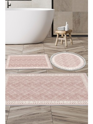 Dekoreko Kaymaz Taban Djt 3'lü Banyo Paspas Takımı Yıldız Deri Karışık Modern 603M Pudra