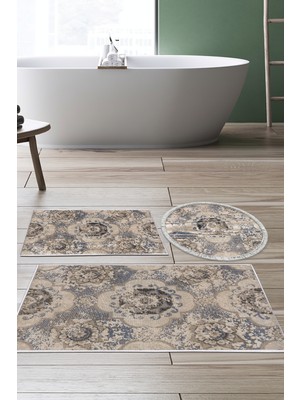 Dekoreko Kaymaz Taban Djt 3'lü Banyo Paspas Takımı Yıldız Deri Karışık Modern 1903M Krem