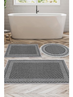 Dekoreko Kaymaz Taban Djt 3'lü Banyo Paspas Takımı Yıldız Deri Karışık Modern M5001 Gri