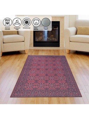 Carpettex Modern Klasik Afgan Desenli Kırmızı Siyah Halı Kaymaz Taban Makinada Yıkanabilir