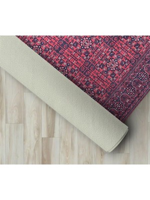 Carpettex Modern Klasik Afgan Desenli Kırmızı Siyah Halı Kaymaz Taban Makinada Yıkanabilir