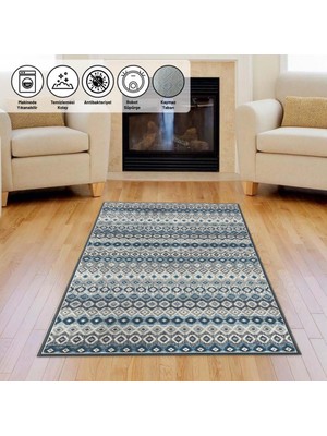 Carpettex Modern Iskandinav Kilim Desenli Mavi Gri Halı Kaymaz Taban Makinada Yıkanabilir