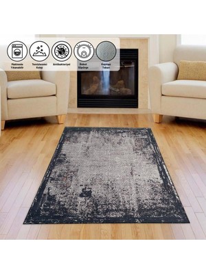 Carpettex Modern Abstrak Klasik Eskitme Desenli Siyah Gri Halı Kaymaz Taban Makinada Yıkanabilir