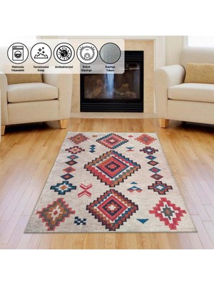 Carpettex Iskandinav Otantik Kilim Desenli Krem Renkli Modern Halı Kaymaz Taban Makinada Yıkanabilir