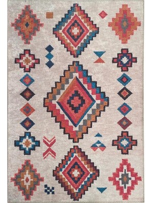 Carpettex Iskandinav Otantik Kilim Desenli Krem Renkli Modern Halı Kaymaz Taban Makinada Yıkanabilir