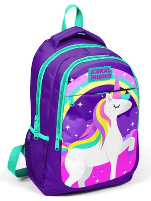 Coral High Unicorn Desenli Mor Su Yeşili Üç Bölmeli Okul Sırt Çantası 22 L Tek Parça 14376