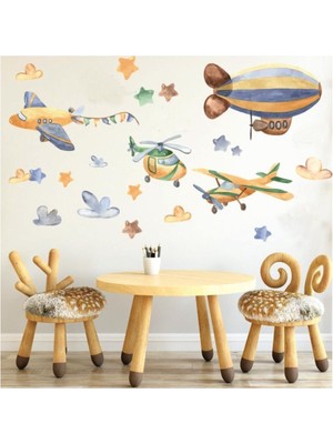 Lizpo Decor Suluboya Uçaklar Yıldız Bulut Konsepti Çocuk Odası Dekorasyonu