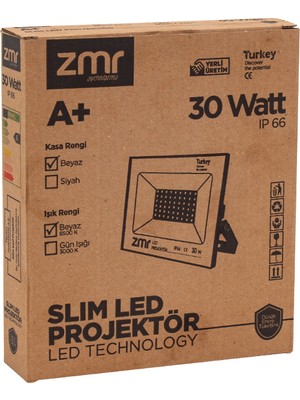 Zmr 30 Watt 6500K IP66 150* Işık Açısı 220 Volt Siyah Slim Kasa LED Projektör